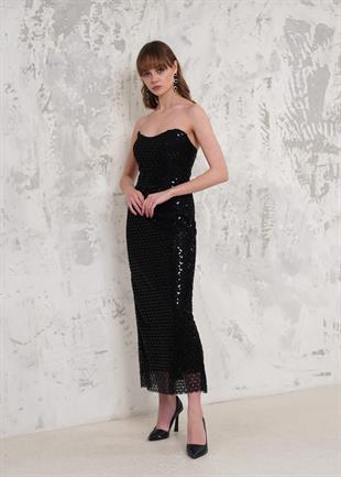 Boncuk İşlemeli Straplez Siyah Abiye Elbise