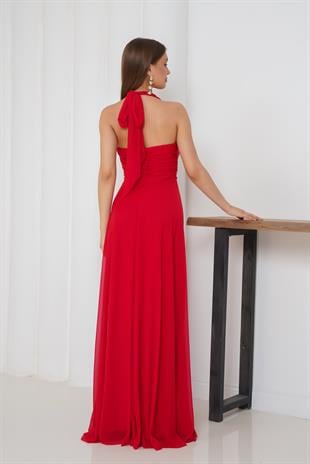 Boyundan Bağlamalı Kırmızı Abiye Elbise