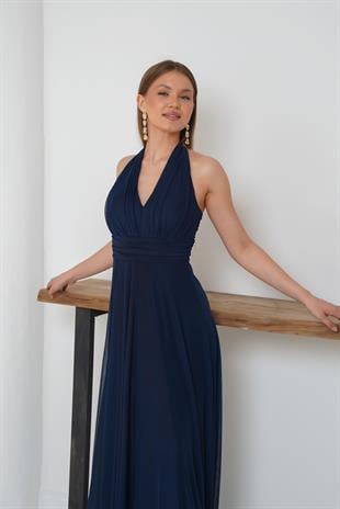 Boyundan Bağlamalı Lacivert Abiye