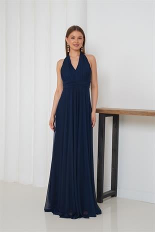 Boyundan Bağlamalı Lacivert Abiye