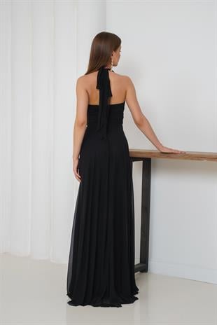 Boyundan Bağlamalı Siyah Uzun Abiye