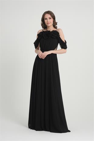 Çiçekli Siyah Abiye Elbise