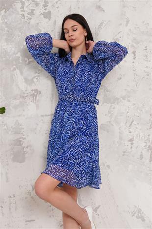 Düğmeli Mavi Mini Elbise