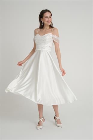 Düşük Kol Beyaz Midi Boy Abiye Elbise