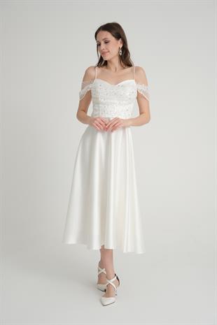 Düşük Kol Beyaz Midi Boy Abiye Elbise