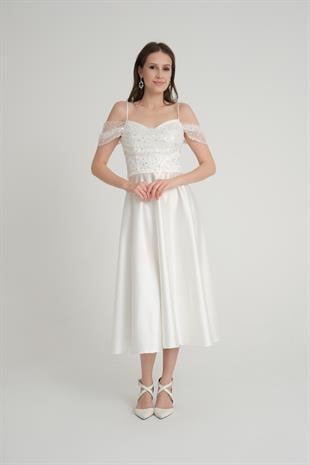 Düşük Kol Beyaz Midi Boy Abiye Elbise