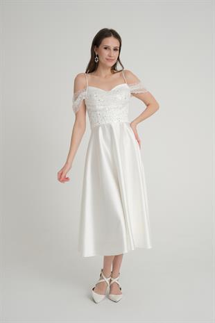 Düşük Kol Beyaz Midi Boy Abiye Elbise