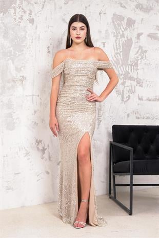 Düşük Kol Drapeli Gold Payetli Abiye