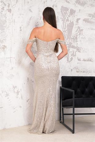 Düşük Kol Drapeli Gold Payetli Abiye