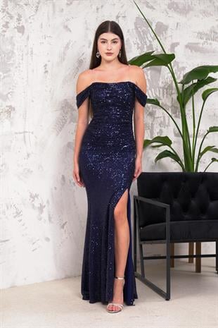 Düşük Kol Drapeli Lacivert Payet Abiye