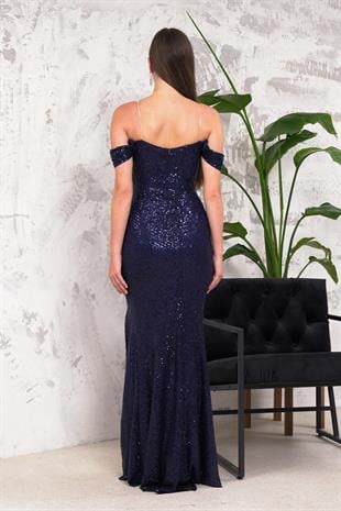 Düşük Kol Drapeli Lacivert Payet Abiye