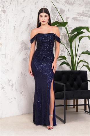 Düşük Kol Drapeli Lacivert Payet Abiye