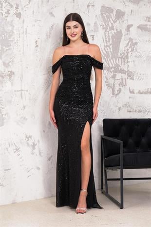 Düşük Kol Drapeli Siyah Payetli Abiye