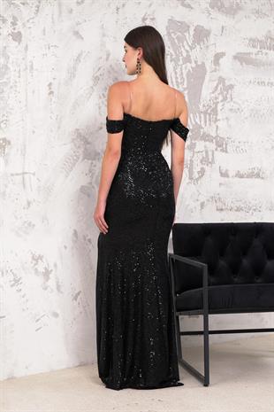 Düşük Kol Drapeli Siyah Payetli Abiye