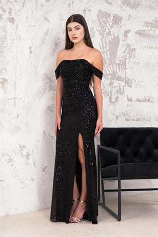 Düşük Kol Drapeli Siyah Payetli Abiye