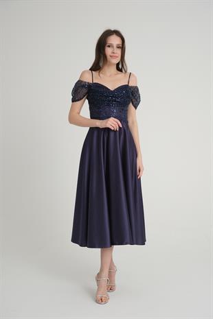 Düşük Kol Lacivert Midi Boy Abiye Elbise