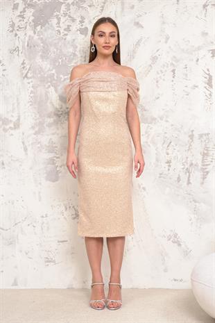 Düşük Kol Pullu Gold Abiye