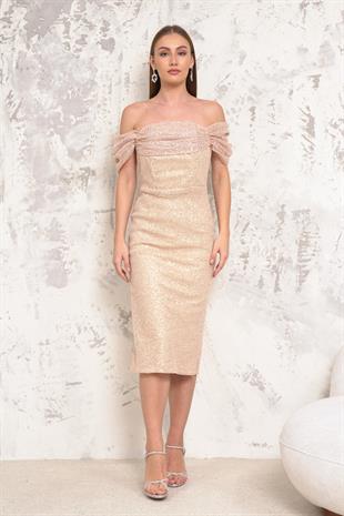 Düşük Kol Pullu Gold Abiye