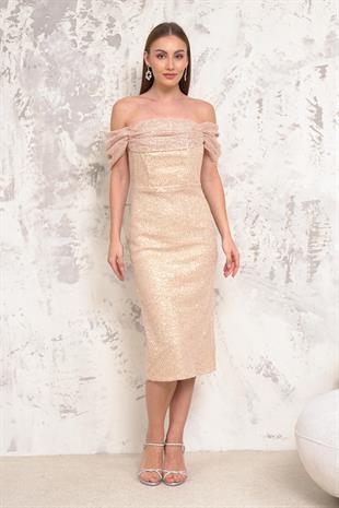 Düşük Kol Pullu Gold Abiye