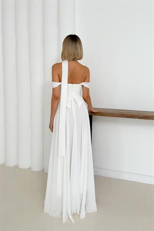 Düşük Omuz Eteği Şifon Uzun Beyaz Abiye