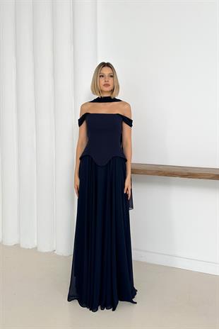 Düşük Omuz Eteği Şifon Uzun Lacivert Abiye