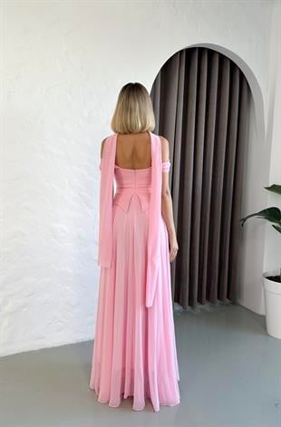 Düşük Omuz Eteği Şifon Uzun Pembe Abiye