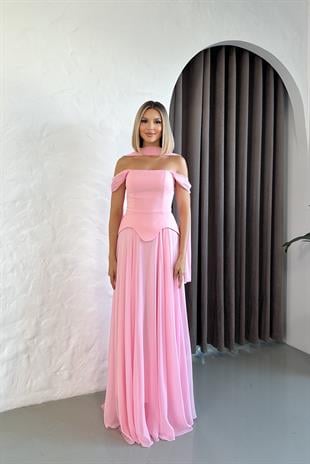 Düşük Omuz Eteği Şifon Uzun Pembe Abiye