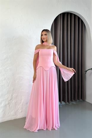 Düşük Omuz Eteği Şifon Uzun Pembe Abiye