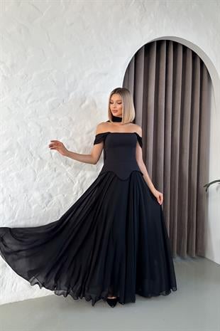 Düşük Omuz Eteği Şifon Uzun Siyah Abiye