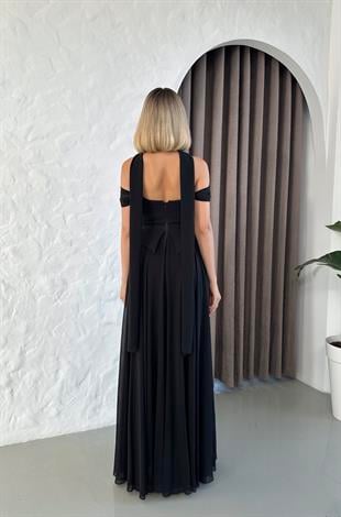 Düşük Omuz Eteği Şifon Uzun Siyah Abiye