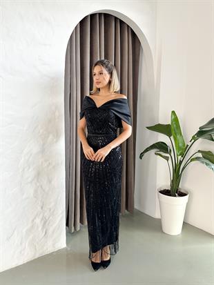 Düşük Omuz Üzeri Taş Boncuk İşlemeli Siyah Uzun Abiye Elbise