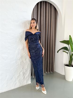 Düşük Omuz Üzeri Taş Boncuk İşlemeli Lacivert Uzun Abiye Elbise