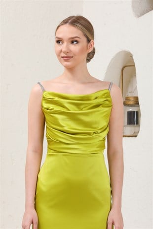 Elma Yeşili Askılı Saten Abiye Elbise