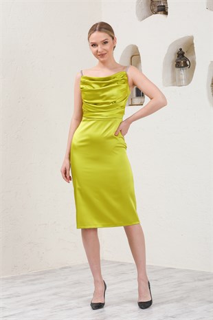 Elma Yeşili Askılı Saten Abiye Elbise