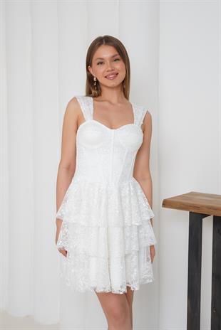 Eteği Katlı Beyaz Dantelli Mini Abiye Elbise