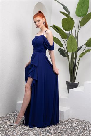 Eteği Volanlı Uzun Saks Şifon Abiye Elbise