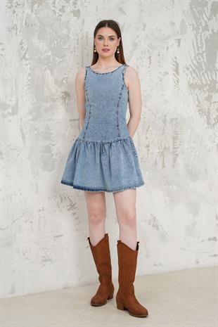 Fırfırlı Denim Kısa Elbise