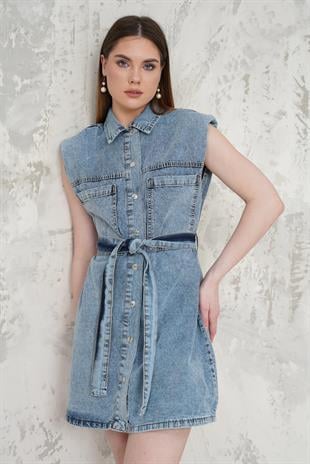 Gömlek Yaka Kemerli Denim Kısa Elbise