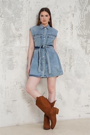 Gömlek Yaka Kemerli Denim Kısa Elbise