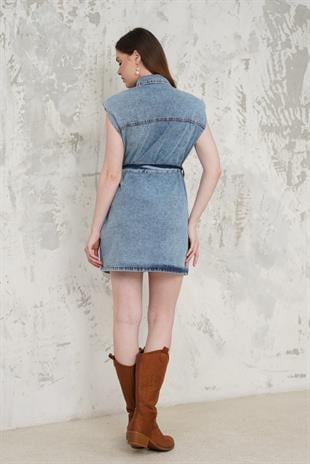 Gömlek Yaka Kemerli Denim Kısa Elbise