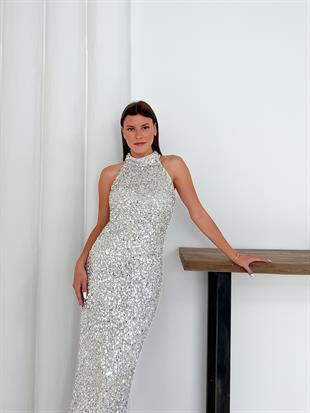 Halter Yaka Payetli Gümüş Abiye Elbise