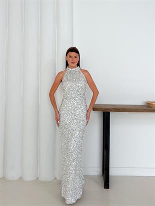 Halter Yaka Payetli Gümüş Abiye Elbise