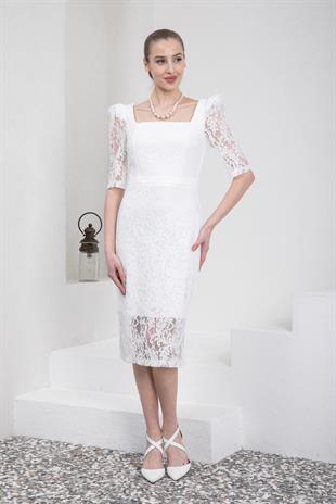 İnci Kolyeli Midi Boy Beyaz Dantelli Abiye Elbise