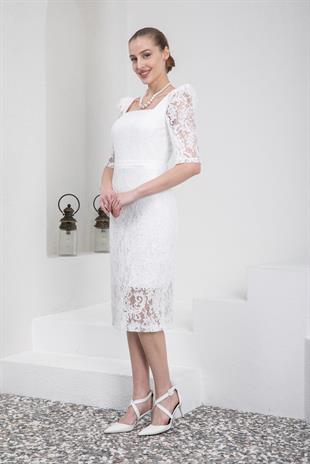 İnci Kolyeli Midi Boy Beyaz Dantelli Abiye Elbise