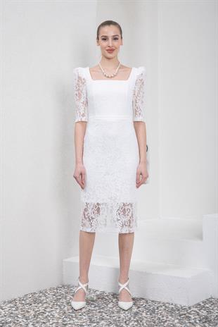 İnci Kolyeli Midi Boy Beyaz Dantelli Abiye Elbise