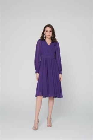 İncili Mor Şifon Abiye Elbise