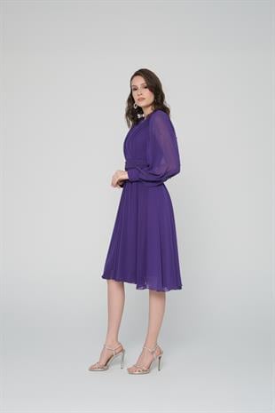 İncili Mor Şifon Abiye Elbise