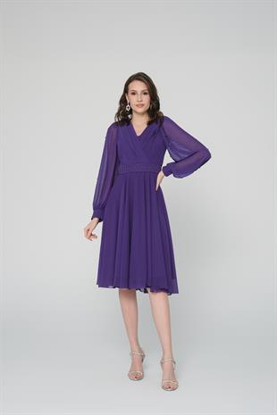 İncili Mor Şifon Abiye Elbise