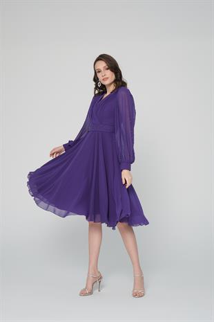 İncili Mor Şifon Abiye Elbise