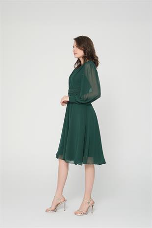 İncili Yeşil Şifon Abiye Elbise